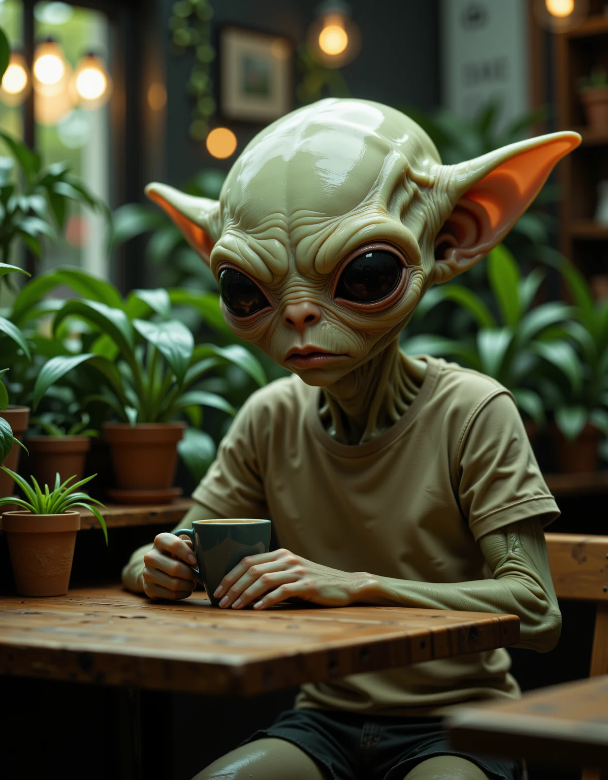 A weird alien with large ears sits at a dimly lit cafe with a cup of coffee. His skin is a smooth soft pale translucent green. Wrinkly textured skin. The cafe is decorated with many plants. The aliens body is thin and soft looking. The head is quite large and almost translucent. Atmospheric aesthetic with exaggerated depth of field. The alien is wearing shorts and a t-shirt.