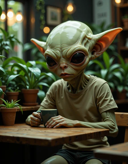 A weird alien with large ears sits at a dimly lit cafe with a cup of coffee. His skin is a smooth soft pale translucent green. Wrinkly textured skin. The cafe is decorated with many plants. The aliens body is thin and soft looking. The head is quite large and almost translucent. Atmospheric aesthetic with exaggerated depth of field. The alien is wearing shorts and a t-shirt.