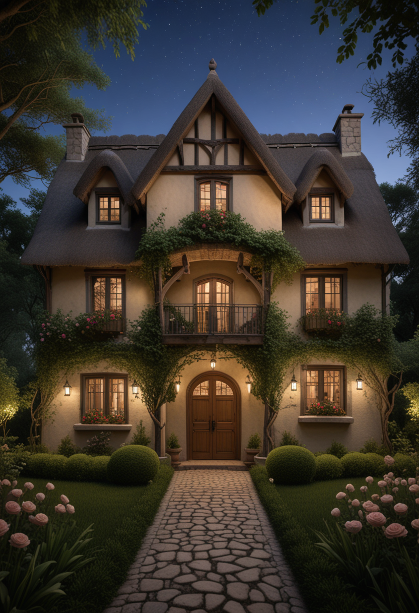 (medium full shot) of (sophisticated house) with wood olive exterior, farmhouse, thatched roof, picture windows, ornate iron doors, climbing roses, located in  a hidden forest sanctuary, with private glades, wildlife sightings, natural materials, serene seclusion, at night, Masterpiece,best quality, photo, realistic, very aesthetic,