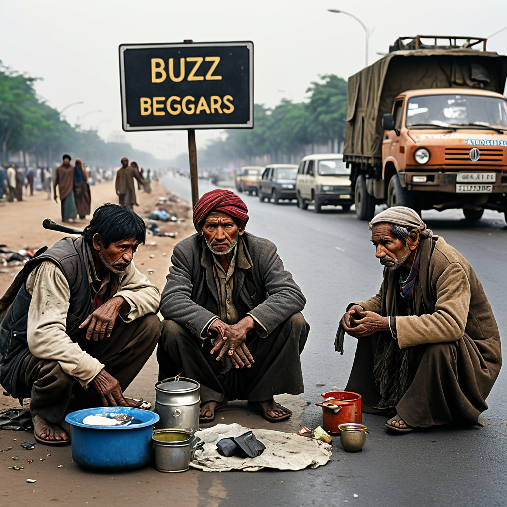hands outstretched. The urban backdrop shows busy streets with people and vehicles passing by, indifferent to their plight. The scene highlights the stark contrast between the bustling life of the city and the harsh realities faced by those on the margins. Tattered clothes, worn faces, and makeshift shelters paint a poignant picture of struggle and survival
