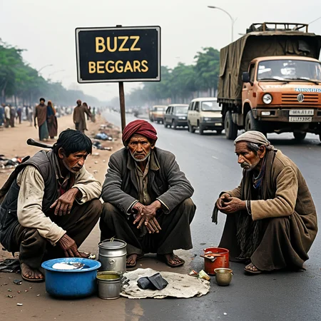 hands outstretched. The urban backdrop shows busy streets with people and vehicles passing by, indifferent to their plight. The scene highlights the stark contrast between the bustling life of the city and the harsh realities faced by those on the margins. Tattered clothes, worn faces, and makeshift shelters paint a poignant picture of struggle and survival