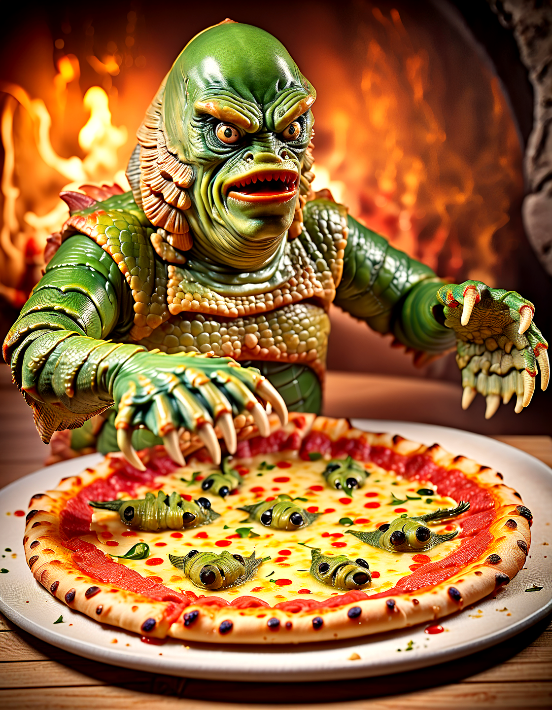 Food Photography Gill_man as a pizza,(charming light:1.15),in a restaurant, ,,, Food Photography, often for culinary presentations, delicious visuals, or gastronomic art.