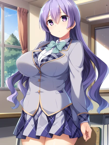 <lora:ESCUDE_-_Yamizome_Revenger_-_All_in_One:1>,escude,natsuki,schoolnatsuki,1girl,solo,long hair,purple hair,purple eyes,breasts,large breasts,school uniform,skirt,bow,jacket,hair between eyes,blush,plaid,long sleeves,very long hair,shirt,indoors,school desk,classroom,, score_9, score_8_up, score_7_up,source_anime,(masterpiece),(best quality),(ultra-detailed),(best illustration),(best shadow),(absurdres),(detailed background),(very aesthetic),source_anime
