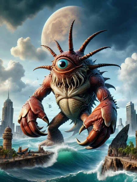 masterpiece, official art, unity 8k wallpaper, ultra detailed, beautiful and aesthetic, (photo taken with ektachrome:1.5),(realistic:1.3) , (exquisitely detailed skin), ((giant monster Shark mixed hermit crab)),kaiju, (Destroy the city at day time), sky high, cyclops <lora:cyclops:1>