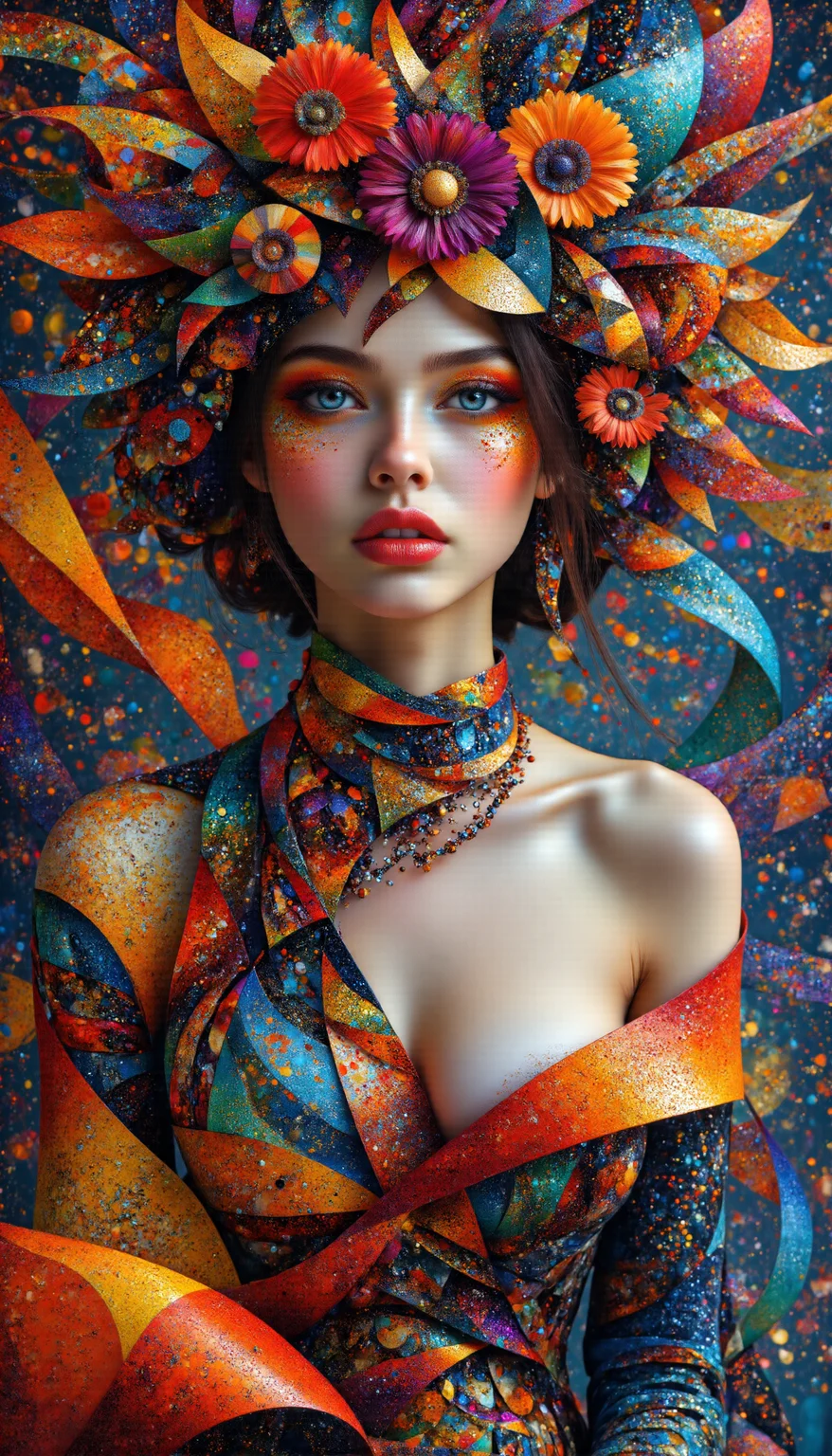 This is a fantasy-themed illustration featuring a colorful and hyper-realistic style. a stunning supermodel, featuring a beautifully detailed face with captivating eyes and a serene expression, detailed skin texture, (blush:0.5), (goosebumps:0.5), subsurface scattering, Her hair is styled in an intricate and unique fashion, adding to her ethereal and timeless aura, a contemporary colorful dress, composition, sophisticated, striking, artistic, innovative, aesthetic, futuristic, cutting-edge, elegant, chic, colorful, The composition blends modern and traditional elements with a neo mode, avant-garde style, characterized by elegant lines, vibrant colors, and exquisite details, The image showcases her natural beauty, focusing on her flawless skin and delicate features, The lighting enhances her features, creating a soft interplay of light and shadow, while the high-resolution quality captures every detail with photorealistic clarity,   arched back pose, (three quarter view:0.2), (from above:0.2), (dutch angle:0), upper body, breast focus, 
 <lora:midjourney_whisper_chromaplex_v1:0.9>, <lora:midjourney_whisper_flux_lora_v01:1>,