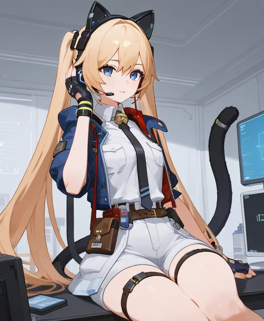 score_9, score_8_up, score_7_up, score_6_up, score_5_up, 1girl, 
<lora:Michele Lee - Strinova-000008:0.8>, michele, twintails, cat investigator, white shirt, breast pocket, black necktie, neck bell, sleeveless shirt, blue jacket, short sleeves, belt, handcuffs, white shorts, thigh strap, cat ear headphones, headset, mechanical tail, partially fingerless gloves, 
indoors, sitting, wariza, presenting,