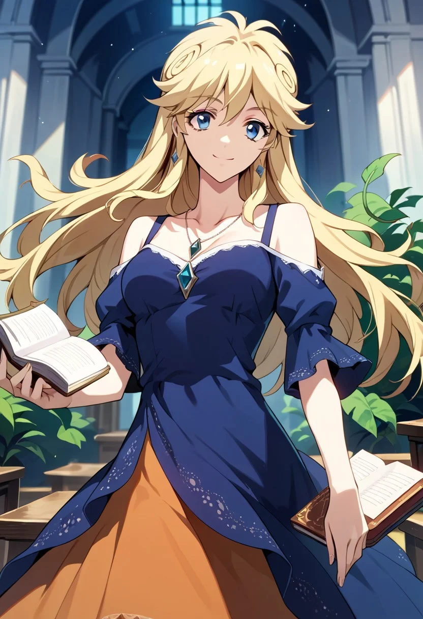 score_9_up, score_8_up, score_7_up, source_anime, LEAO EVERLASTING (2020),
1girl, solo, long hair, smile, blue eyes, blonde hair, dress, jewelry, book, pendant