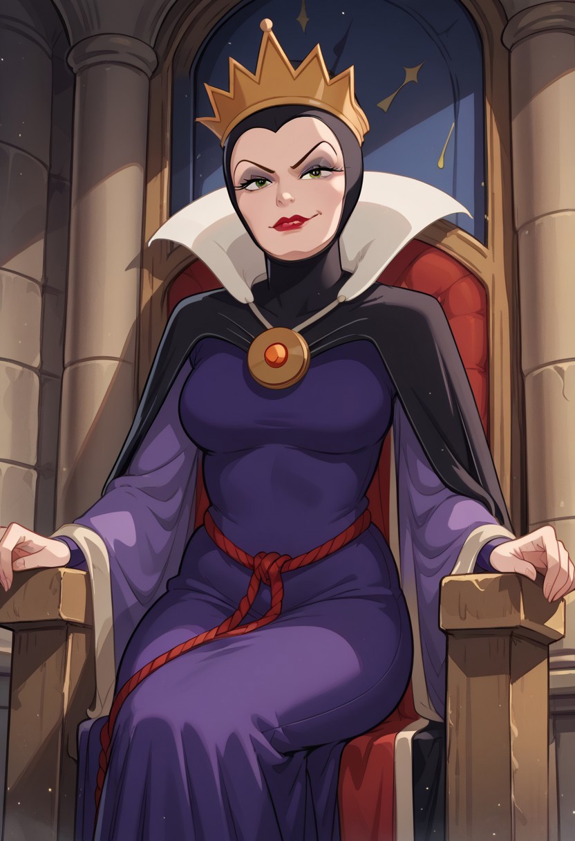 score_9,score_8_up,score_7_up,score_6_up,best quality,masterpiece, Expressiveh, background is eqg castle, throne, 1girl, solo, from below, dutch angle,
BREAK
eqg, crown, green eyes, eyeshadow, red lips, looking at viewer, large white collar, black coif, black cape, purple dress, wide sleeves, red rope belt, amulet, large breasts, leaning on arm, sitting on throne, smirk,
