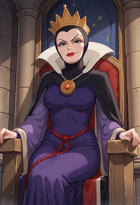 score_9,score_8_up,score_7_up,score_6_up,best quality,masterpiece, Expressiveh, background is eqg castle, throne, 1girl, solo, from below, dutch angle,
BREAK
eqg, crown, green eyes, eyeshadow, red lips, looking at viewer, large white collar, black coif, black cape, purple dress, wide sleeves, red rope belt, amulet, large breasts, leaning on arm, sitting on throne, smirk,
