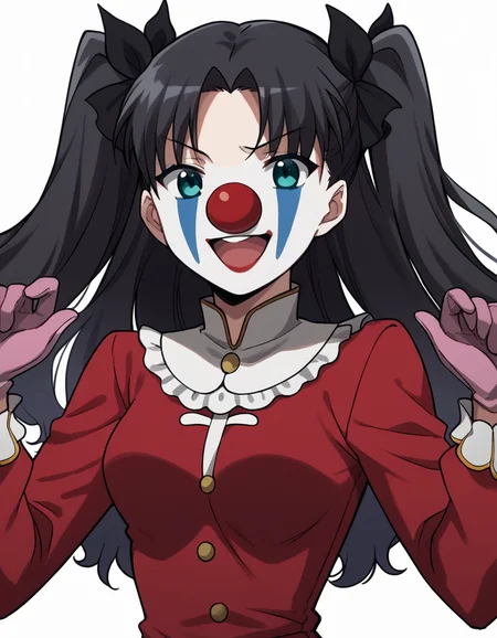 score_9, score_8_up, score_7_up, source_anime, <lora:carnivalphantasm-rin-tohsaka-ova-ponyxl-lora-nochekaiser:1>, rin tohsaka, aqua eyes, black hair, hair ribbon, long hair, ribbon, sidelocks, two side up, parted bangs, medium breasts,, <lora:clown-ponyxl-lora-nochekaiser:1>, clown, makeup, clown nose, facepaint, gloves, long sleeves, frills, dress,, smile, open mouth, smug, , dutch angle, cowboy shot