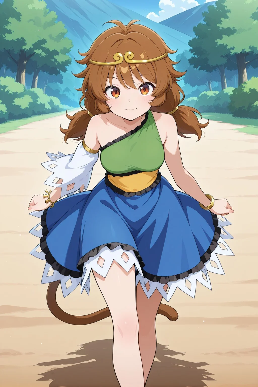 absurdres, highres, masterpiece, best quality, amazing quality, official anime artwork, screencap, anime screencap, outdoors, looking at viewer, light smile, dynamic pose, standing,
<lora:Son-Biten_Illustrious:1> son biten, 1girl, solo, brown eyes, brown hair, long hair, low twintails, antenna, monkey tail, gold circlet, necklace, jewelry, green dress, sleeveless dress, single-shoulder dress, single detached sleeve, bracelet, yellow dress, blue skirt,