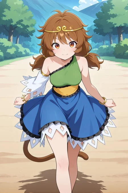 absurdres, highres, masterpiece, best quality, amazing quality, official anime artwork, screencap, anime screencap, outdoors, looking at viewer, light smile, dynamic pose, standing,
 <lora:Son-Biten_Illustrious:1> son biten, 1girl, solo, brown eyes, brown hair, long hair, low twintails, antenna, monkey tail, gold circlet, necklace, jewelry, green dress, sleeveless dress, single-shoulder dress, single detached sleeve, bracelet, yellow dress, blue skirt,