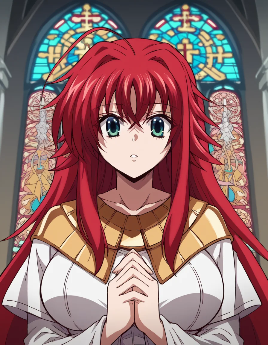 score_9, score_8_up, score_7_up, source_anime, <lora:rias-gremory-ponyxl-lora-nochekaiser:1>, rias gremory, huge ahoge, long hair, hair between eyes, green eyes, red hair, large breasts, <lora:buddhist-nun-ponyxl-lora-nochekaiser:1>, buddhist nun, nun, habit, vitakra mudra, mudra, coif, gold necklace, priestess,, church, parted lips, praying,, cowboy shot