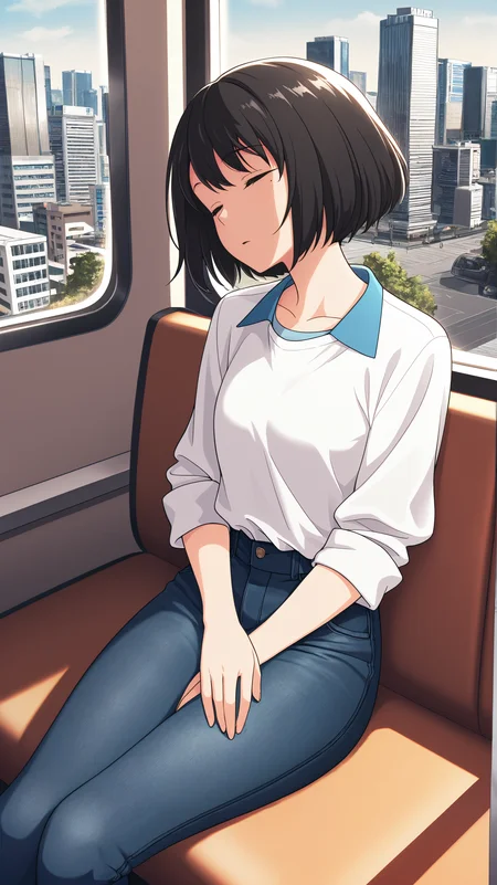 masterpiece, best quality, amazing quality, girl, sleeping, <lora:Song-Yi Han - Illu:0.9>, short hair, black hair, green eyes, mole under eye, white shirt, rolled up sleeves, blue collar, tucked in shirt, blue jeans, modern city, city park, skyscraper, solo,