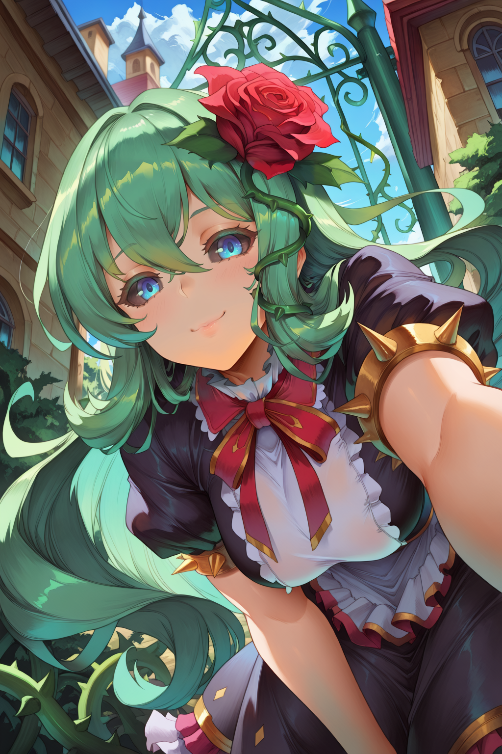 <lora:ChamIllustriousBackgroundEnhancer:0.5> <lora:illustrious_quality_modifiers_masterpieces_v1:0.8> ,  masterpiece, very aesthetic, absurdres, best quality, amazing quality, high resolution, newest, very awa, scenery, volumetric lighting, solo,  looking at viewer,  <lora:ToraIllustrious:0.8> , tordef, 1girl, solo, long hair, green hair, black sclera, blue eyes, hair flower, neck ribbon, bib collar,  black dress, frilled dress, gold trim, juliet sleeves, yellow armlet, spiked armlet, thorns, rose, plant thorns, exterior, mansion, warm smile, bent over, reaching towards viewer, from below, girlfriend, romantic, by araneesama