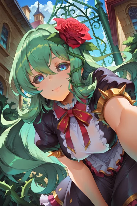 <lora:ChamIllustriousBackgroundEnhancer:0.5> <lora:illustrious_quality_modifiers_masterpieces_v1:0.8> , masterpiece, very aesthetic, absurdres, best quality, amazing quality, high resolution, newest, very awa, scenery, volumetric lighting, solo, looking at viewer, <lora:ToraIllustrious:0.8> , tordef, 1girl, solo, long hair, green hair, black sclera, blue eyes, hair flower, neck ribbon, bib collar, black dress, frilled dress, gold trim, juliet sleeves, yellow armlet, spiked armlet, thorns, rose, plant thorns, exterior, mansion, warm smile, bent over, reaching towards viewer, from below, girlfriend, romantic, by araneesama