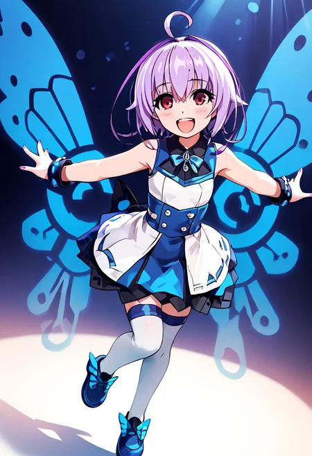 score_4,score_5,score_6,score_7_up,score_8_up,score_9 ((masterpiece,best quality,ultra detailed,highres,HD,4k:1.2)), 
1 girl,solo,face focus,
Joule(GV1),Purple hair,side locks,ahoge,multicolored hair,short hair, red eyes,
wings,butterfly wings,sleeveless,dress,white thighhighs,shoes,bracelet,jewelry, Idol stage, spotlight, singing, open arms, smile,open mouth,hapy,blush,