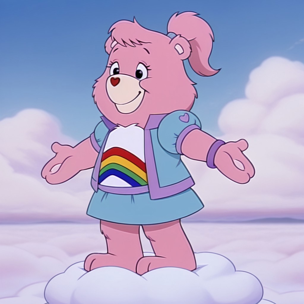 masterpiece, best quality, amazing quality, cheerbearil, semi-anthro, female, bear_girl, pink fur, black eyes, tummy symbol,blue shirt purple trim, puffy sleeves, blue skirt, purple bracelet, hair-tie, ponytail, open shirt, standing, on a cloud, smile