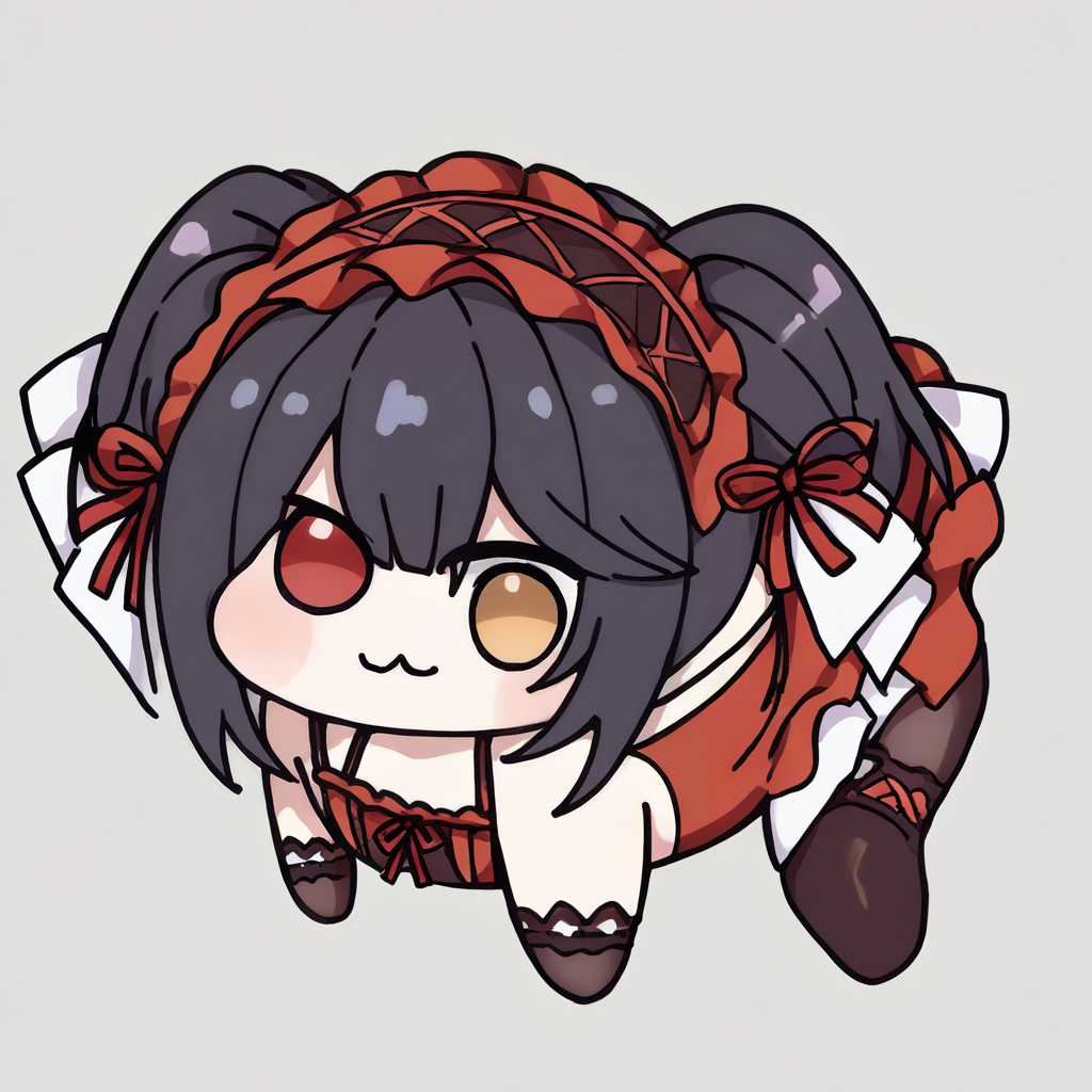 score_9, score_8_up, source_anime, doro, creature, :3, chibi, all fours, no humans, white skin, four legs, solid circle eyes, no pupils, 1girl, solo, KurumiBase, clock eyes, red eye, yellow eye, heterochromia, black hair, twintails, hairband, red dress, striped bow, frills, detached sleeves, frilled choker, black thighhighs, garter straps, lace-up boots, <lora:ChamTokisakiKurumiPonyXL-000008:1>, <lora:Doro_X_PDXL_V1:1.2>