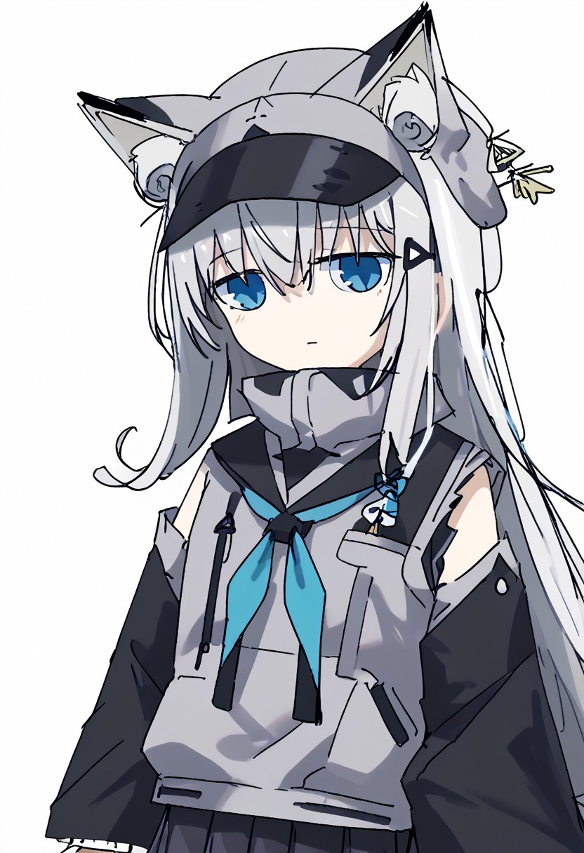 score_9, score_8_up, score_7_up,  n102nikke, blue eyes, grey hair, long hair, fake animal ears,, grey jacket, long sleeves, black shorts, bike shorts,ears through headwear, kawakaze, blue eyes, white hair, long hair, fox ears, fox tail 
Upper body,fox ears,fox tail nontraditional miko, japanese clothes, wide sleeves, ribbon-trimmed sleeves, detached sleeves, black gloves, black serafuku, blue neckerchief, black skirt, pleated skirt, thighhighs