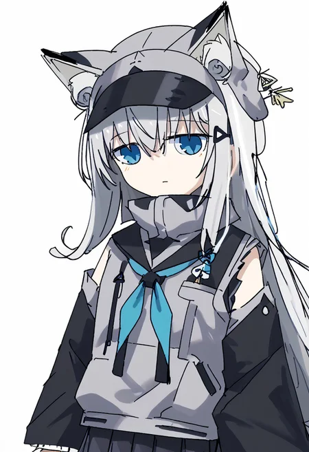 score_9, score_8_up, score_7_up, n102nikke, blue eyes, grey hair, long hair, fake animal ears,, grey jacket, long sleeves, black shorts, bike shorts,ears through headwear, kawakaze, blue eyes, white hair, long hair, fox ears, fox tail
Upper body,fox ears,fox tail nontraditional miko, japanese clothes, wide sleeves, ribbon-trimmed sleeves, detached sleeves, black gloves, black serafuku, blue neckerchief, black skirt, pleated skirt, thighhighs