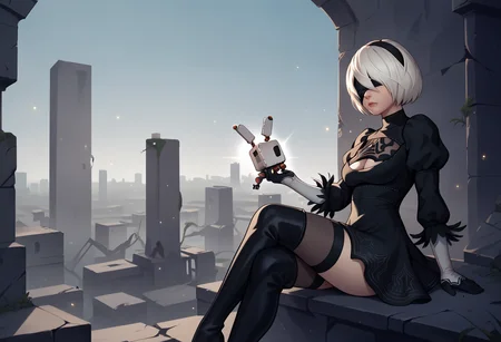 score_9, score_8_up, score_7_up, score_6_up BREAK wide shot,cinematic angle,from side,yorha no. 2 type b,mole under mouth,holding pod \(nier automata\),black dress,city ruins, sitting, rooftop, light particles, sunbeam