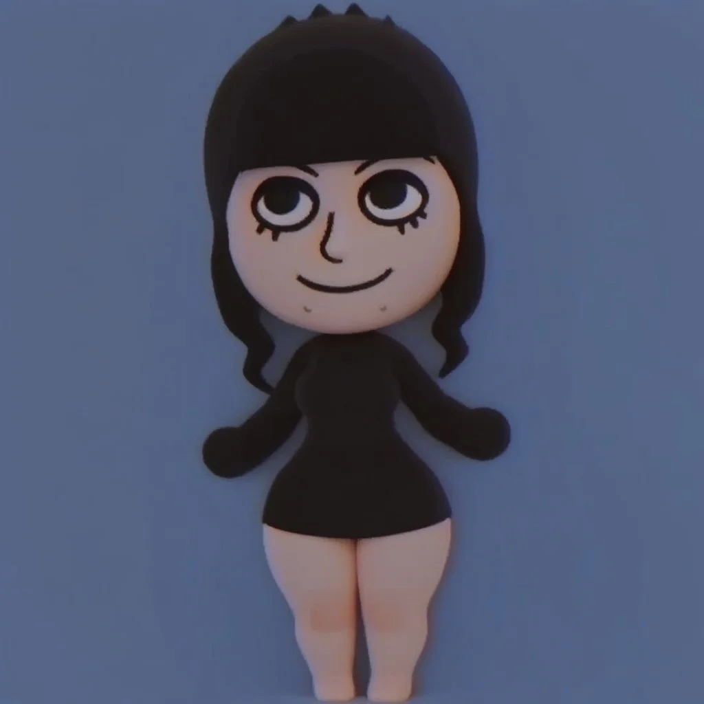 Score_9_up, score_8_up, score_7_up, detailed, cartoon, cartoonish, Rawtime, smiling, smile, 1girl, solo, black hair, from front, front view, chibi, black clothing, digital art, blue background , full body, standing, wide hips, thick thighs, sexy thighs, large breasts, Thunder thighs
