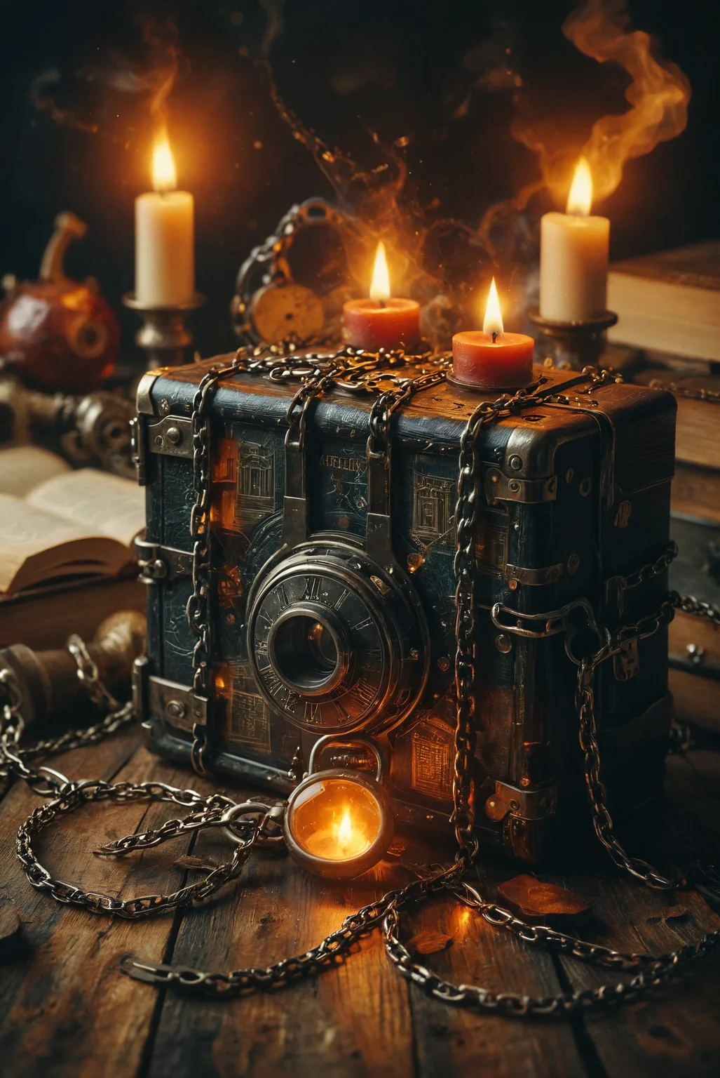 The Forbidden Tome (merging:1.5) into Dark Magic, secured with a padlock and wrapped in numerous chains. The intricately decorated book exudes a dark aura, hinting at the malevolent presence within. On a small wooden table, several beige candles burn beside the tome, casting an eerie glow upon it.,
deep depth of field, photography, Natural geographic photo, Hyper-realistic, 16k resolution, (masterpiece, award winning artwork), many details, extreme detailed, full of details, Wide range of colors, high Dynamic,
<lora:add-detail-xl:2> <lora:MJ52:0.5> <lora:DoubleExposure:0.6> double exposure,