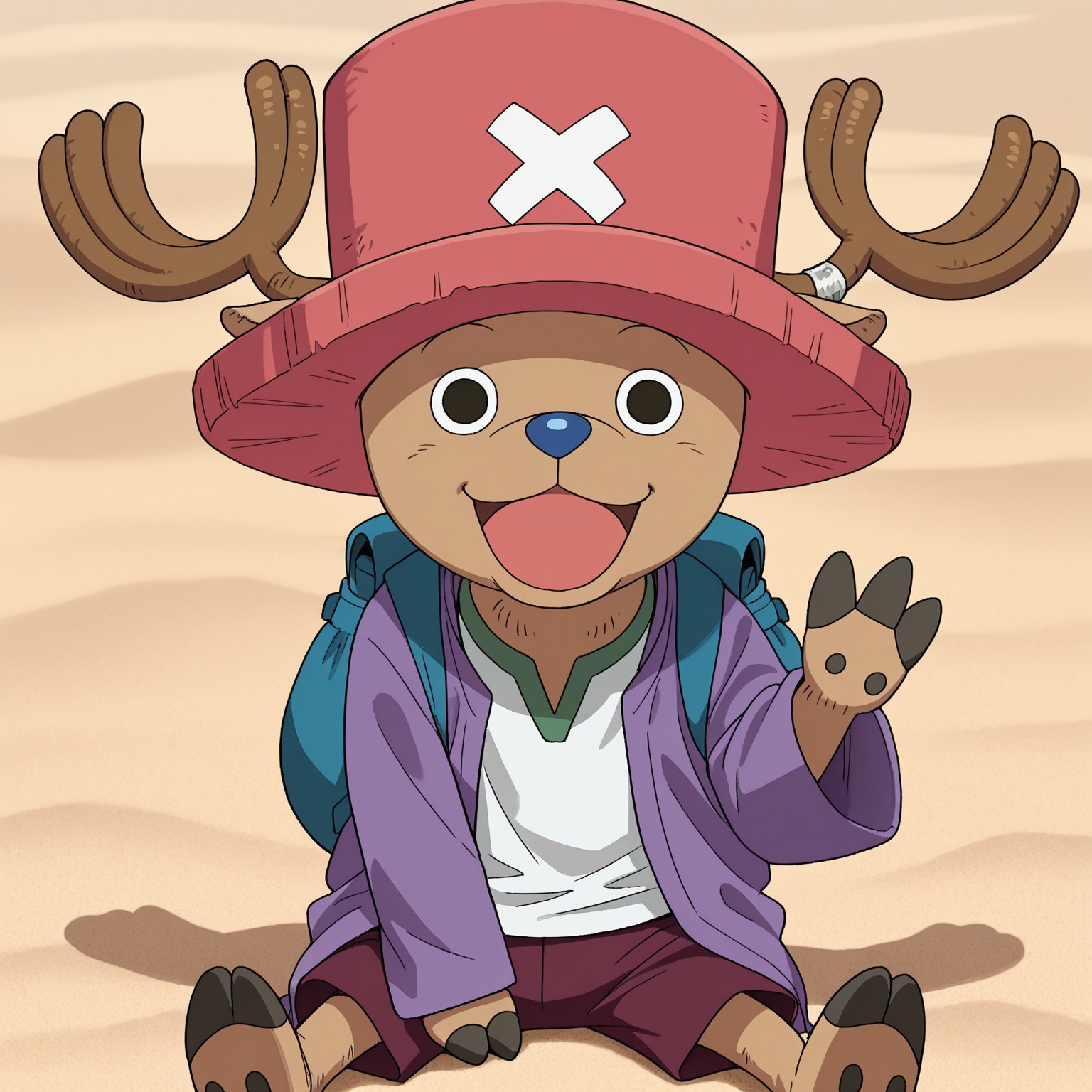 best quality, amazing quality, very aesthetic, absurdres, newest, masterpiece, Solo, 2d, 1boy, 2 fingers, OPChopper, male, brown fur, reindeer, antlers, light red top hat, white X on hat, maroon shorts, blue nose, black eyes, animal ears on hat, blue backpack, white shirt with a green-lined collar, purple buttoned coat, giant sleeves

BREAK looking at viewer, waving, happy, sand, desert, sitting, sunny day, open mouth smile