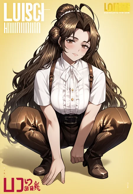 score_9, score_7_up, source_anime, uncensored, zPDXLxxx, <lora:intricate_details:0.5> intricate_details_xl, <lora:ProjectMoon_Style_v1.1:1.3> PM Style, (timeless:1.1), rickety, yellow background, close-up, pectoral focus, garden
1girl, solo, li, large breasts, colored tips, hair bun, hair intakes, antenna hair, long hair, dark brown eyes, looking at viewer, Chaps, squatting