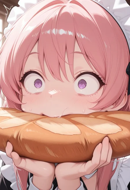 masterpiece, best quality, amazing quality, chin grab, 1girl, CivChan, purple eyes, pink hair, chin grab, solo focus, motion lines, upper body, wide-eyed, constricted pupils, baguette forced into mouth,