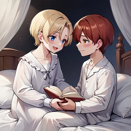 score_9, score_8_up, score_7_up, score_6_up, score_5_up, source_anime, painterly, 2boys, multiple boys, boy A and boy B, 18 years old, ((small body)), (same size), long sleeves, ruffle shirt, lace up, drawstring, large wooden headrest, nice fancy bedroom, (white nightgown:1.1), white nightshirt, [dress], white pajamas, victorian era, sitting up in bed, collarbone, white blankets, canopy bed, leaning back on large pillows, ((big white pillows)), ((dark lighting)), reading a book, looking at book, (soft warm lighting), (absurd detail), (masterpiece:1.1), (high quality), (4k), (detailed anime, anime artwork), straight hair, holding a large book, reading, cozy, (shoulder to shoulder), side by side, resting on pillows, next to each other, on bed, (warm light style), straight hair <lora:m1n0XLP:0.5> m1n0, ((high_quality)), ((Super_Detailed)), from side
BREAK boy A(((light blonde hair)), ((bangs)), hair between eyes, blue eyes, soft smile, shy, closed mouth, [blush], turning head to look at boy B, looking over shoulder, turning, looking at boy B),
BREAK boy B(auburn hair, parted bangs, golden eyes, open mouth, [laughing]),