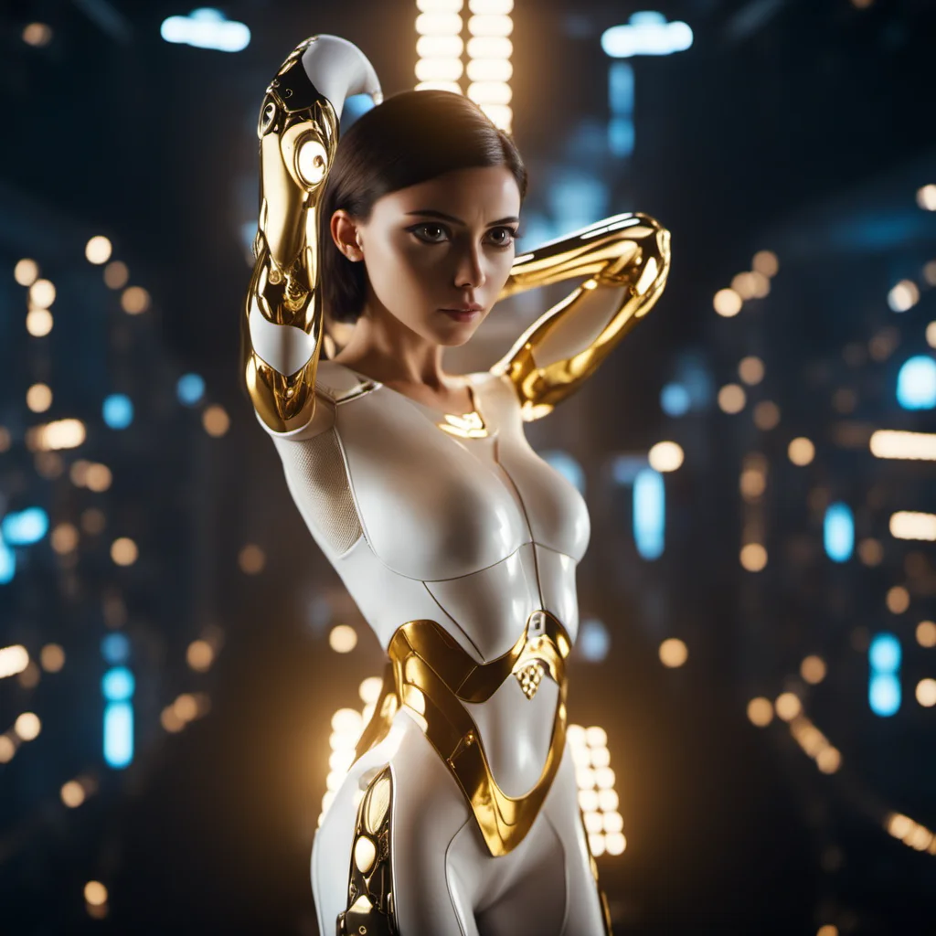 cinematic photo cinematic photo a woman with big eyes, futuristic white and gold body suit, cyberpunk background  <lora:Alita1024-2024:0.8> . 35mm photograph, film, bokeh, professional, 4k, highly detailed . 35mm photograph, film, bokeh, professional, 4k, highly detailed
