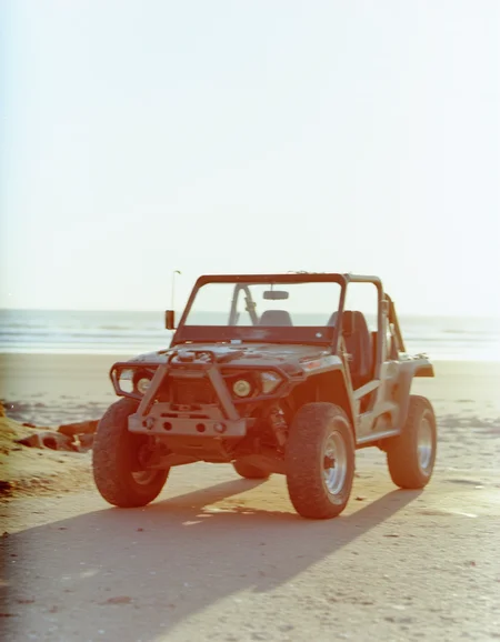 c41_hasselblad_portra400_FLUX, instagram photo of a sand buggy parked on a beach, film grain, soft shadows