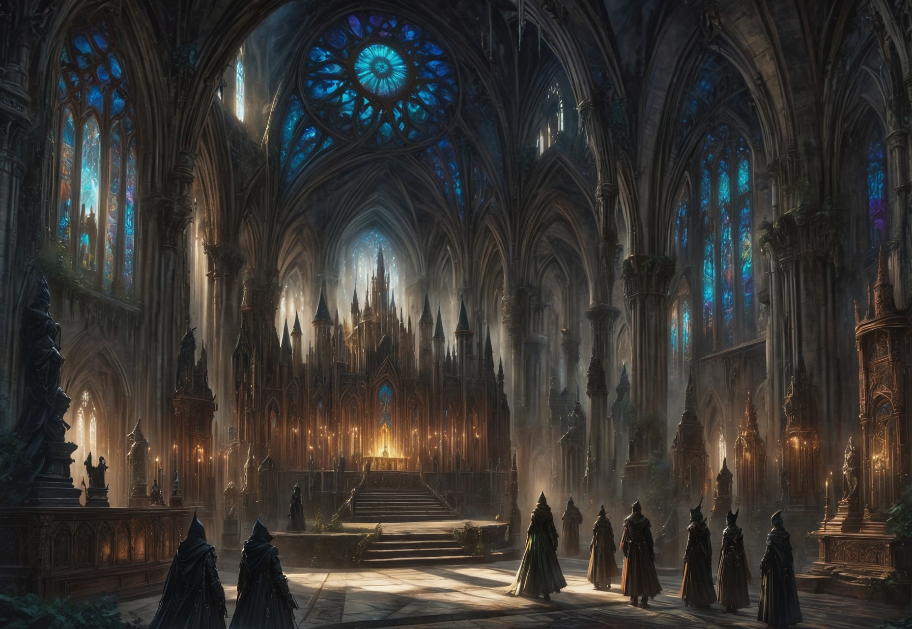 1other, indoors, balcony, (stained glass, colorful, window:1.3), tower, stairs, multiple others, ambiguous gender, fantasy, architecture, altar, standing, weapon, multiple boys, arches, flying buttresses, (low-angle high-angle shot of a grand hall capturing the castle's grandeur:1.2). 

The castle is decorated with antique furniture and statues. Two hooded acolytes, dressed in dark clothing, are performing a dark ritual at an altar. A disturbing and ominous scene inside a gothic castle., The illustration captures a sense of mystery and intrigue., 

crepuscular rays, volumetric lighting, light bloom, (deep glow effect:1.3), 

anime artwork, anime style, studio anime, realistic, hyperrealism, 

highly detailed, masterpiece, best quality, very aesthetic, absurdres, cinematic lighting, 

DonM3t3rn1tyXL, Bloodborne, artchlr, DonMG414XL, otclillsn, 
