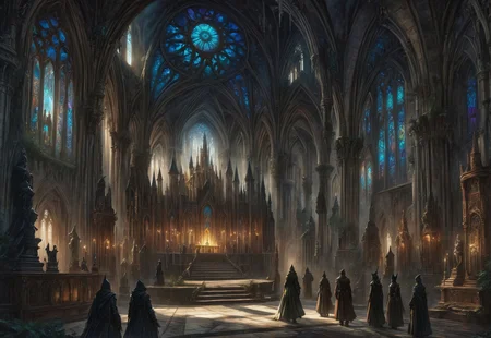 1other, indoors, balcony, (stained glass, colorful, window:1.3), tower, stairs, multiple others, ambiguous gender, fantasy, architecture, altar, standing, weapon, multiple boys, arches, flying buttresses, (low-angle high-angle shot of a grand hall capturing the castle's grandeur:1.2). 

The castle is decorated with antique furniture and statues. Two hooded acolytes, dressed in dark clothing, are performing a dark ritual at an altar. A disturbing and ominous scene inside a gothic castle., The illustration captures a sense of mystery and intrigue., 

crepuscular rays, volumetric lighting, light bloom, (deep glow effect:1.3), 

anime artwork, anime style, studio anime, realistic, hyperrealism, 

highly detailed, masterpiece, best quality, very aesthetic, absurdres, cinematic lighting, 

DonM3t3rn1tyXL, Bloodborne, artchlr, DonMG414XL, otclillsn, 
