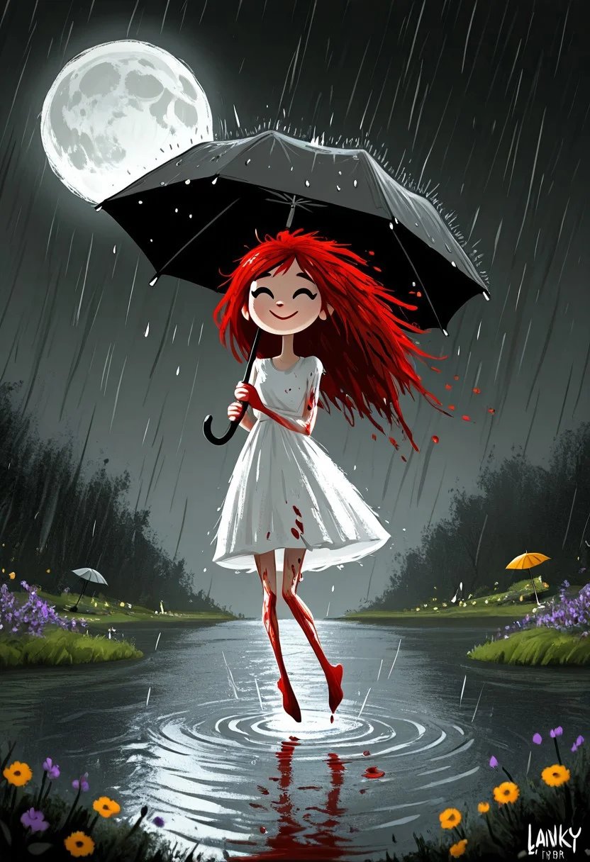 Dark whimsical art, an amazing creative picture, 1 girl , lanky thing legs, lanky thing hands, happy face, white short dress, blood hair, jumping pose, water lake, umbrella, rain, dark, flowers, background full moon