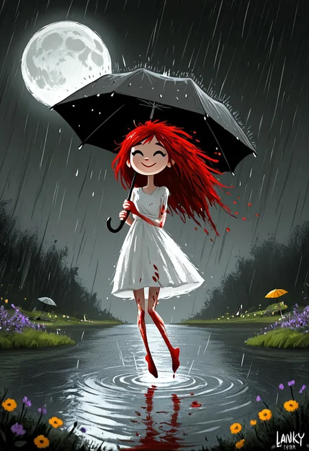 Dark whimsical art, an amazing creative picture, 1 girl , lanky thing legs, lanky thing hands, happy face, white short dress, blood hair, jumping pose, water lake, umbrella, rain, dark, flowers, background full moon