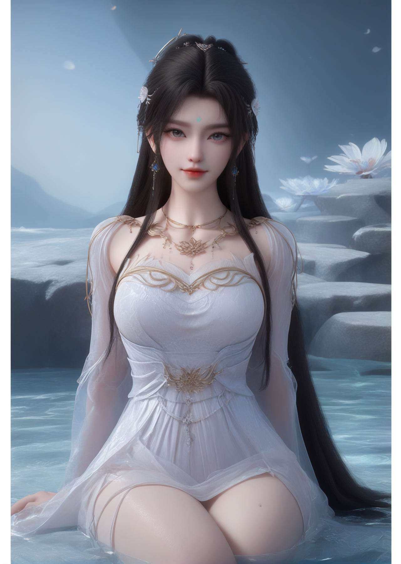 (looking_at_viewer:1.4),full_shot,1girl,solo,dress,hair ornament,portiart,from front,masterpiece,(best quality),official art,extremely detailed cg 8k wallpaper,crystalstexture skin,(extremely delicate and beautiful),solo,realistic,photo_\(medium\),hiqcgbody,chinese background,eye-contact,(smile:0.7),jewelry,absurdres,incredibly absurdres,huge filesize,<lora:æ¸æ¼ª_V1-000001:1>,lying_on_water,