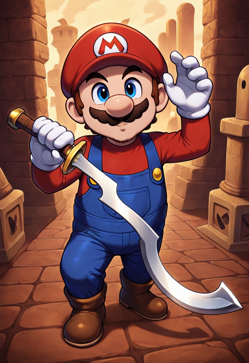 masterpiece, best quality, newest, absurdres, highres, anime, anime style, holding sword, holding weapon, holding, KHV1.0, khopesh, sword, weapon, 1boy, mario, \(mario_(series)\) facial hair blue overalls, boots, overalls, hat, red shirt, red hat,