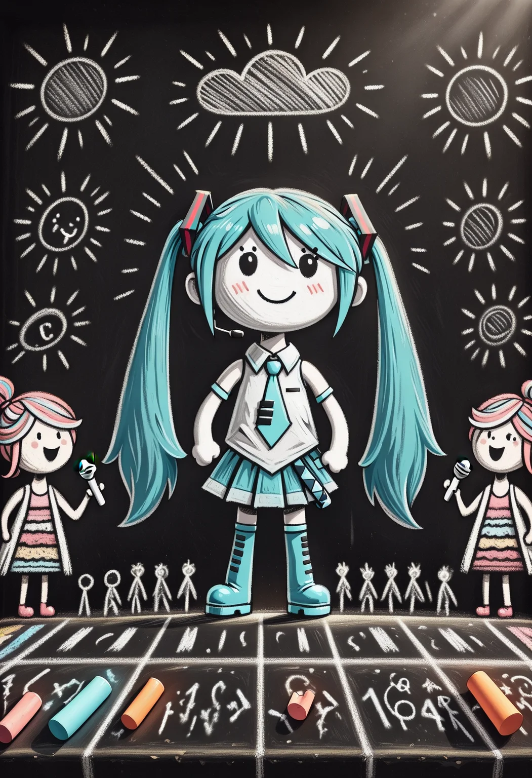 ch4lkdr4w, chalk drawing, highly-detailed, best quality, masterpiece, very aesthetic, 1girl, Miku, singing, microphone, stage, audience , chalk, black background
