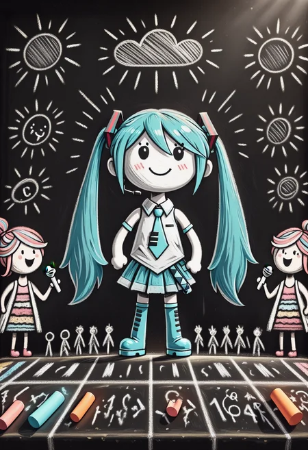 ch4lkdr4w, chalk drawing, highly-detailed, best quality, masterpiece, very aesthetic, 1girl, Miku, singing, microphone, stage, audience , chalk, black background