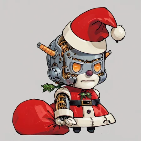 score_9, score_8_up, score_7_up, rating_safe,
r0b0t_s4nta_c1aus, solo, headwear, headgear, hat, clothing, santa hat, christmas headwear, christmas clothing, robot, solo,
simple background, Padorumeme, santa_dress, chibi, holding_sack, santa_hat
