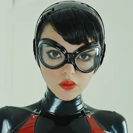 <lora:2020s_Sci-Fi_MovieSDXL:1> ArsMovieStill, Movie still from a 2020s Sci-Fi movie, The image shows a woman in a black and red latex outfit and goggles with a white background. Her face is clearly visible with her eyes looking directly at the viewer., 1girl, solo, lips, realistic, black hair, short hair, portrait, goggles, looking at viewer, nose