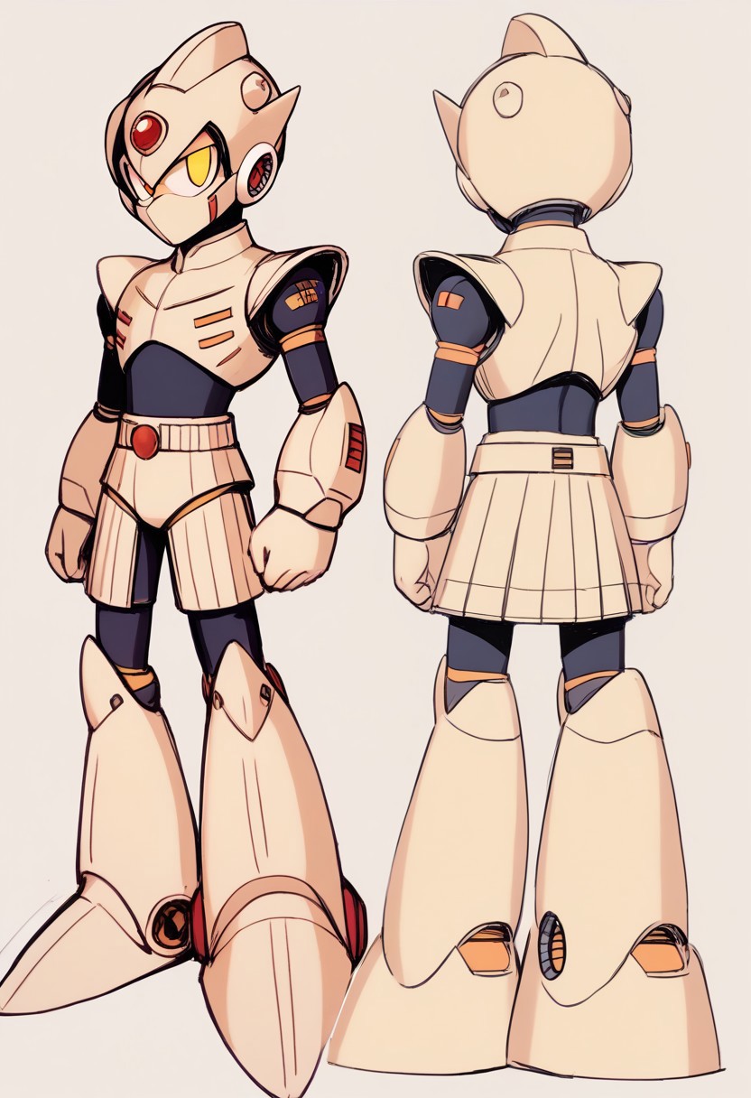 InafuneArt, score_9, score_8_up, score_7_up, score_6_up, score_5_up, score_4_up, score_9 , score_8_up, score_7_up, (mechanical face), source_anime, 1boy, solo, (multiple views:1.2), (sharp eyes), (covered mouth), (robot master), The character in the image is a vibrant and dynamic Reploid from the Mega Man X series. This Reploid has a humanoid design with a sleek, armored body. The head is distinctively topped with a large, yellow helmet that has a cannon-like attachment on the top, adding to its combat-ready appearance. The eyes glow with an intense blue light, giving the character a sharp, focused expression. The torso is solid and compact, featuring a mix of yellow and white armor with red accents that highlight the joints and connection points. The arms are robust and mechanical, with white gloves covering the hands, which are shaped into fists, ready for action, The character's legs are heavily armored, with large, yellow shin guards that add to its sturdy and resilient look. The feet are wide and equipped with strong, metallic soles, ensuring stability and strength in movement, vibrant color palette, futuristic character concept, KEIJI INAFUNE STYLE, <lora:KEIJI INAFUNE>, 1990s style, retro artstyle, anime coloring, traditional media, cel shading,