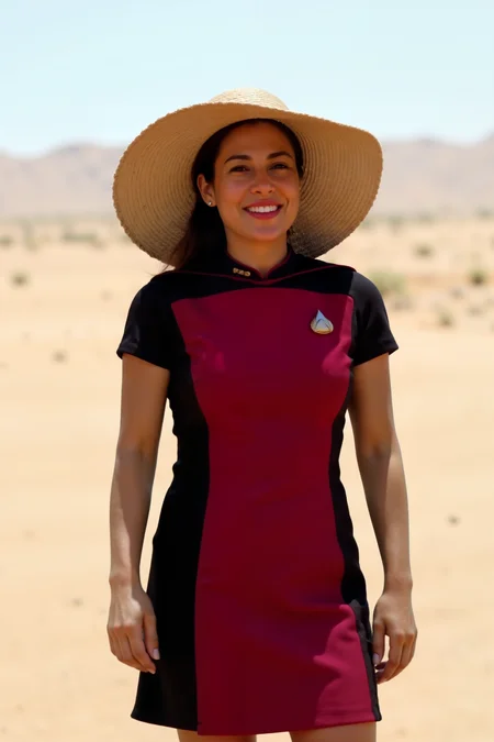 a high quality sharp photo still of indian woman wearing red STSKNT uniform with black shoulders and sides and with short sleeves walking on a desert holding an ubrella on a suny day, smiling.<lora:ST_SKANT_FLUX><lora:aidmaMJ6.1-FLUX-V0.1:0.6><lora:Movie_Portrait><lora:Flux DetailerV2>