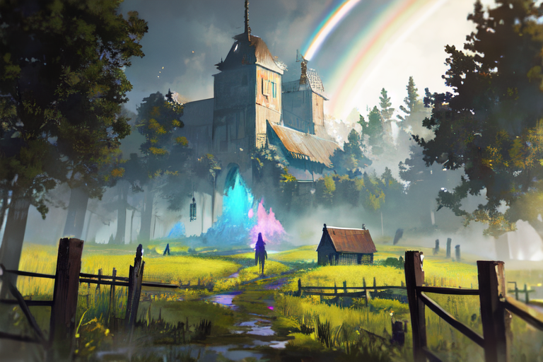 (otherworldly), highly insanely detailed, masterpiece, top quality, best quality, highres, 4k, 8k, RAW photo, (very aesthetic, beautiful and aesthetic), farm, fields, barn, fence, fantfa, <lora:FantasyFarm-10:0.7>, 
1girl, 
(elegant white hair ,rainbow hair,Iridescence hair), 
(a colorful background,neon color,gradient background,multicolored background),âââ