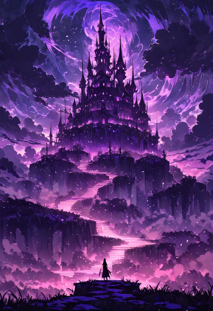 Very wide angle shot, big landscape, serene night, beautiful sky, Complex landscape, grassland, ocean, A haunted hut perched atop a jagged cliff, surrounded by swirling mists and ghostly apparitions. Glowing will-o'-the-wisps lead the way to the castle's entrance, where a hooded figure stands guard. Color temperature: Moody purples and deep blacks. Lighting: Flickering torches casting long shadows. Atmosphere: goth horror. --v 5 --stylize 1000