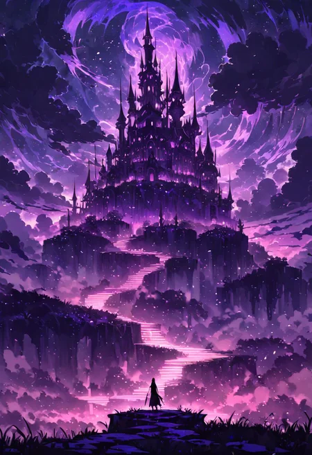 Very wide angle shot, big landscape, serene night, beautiful sky, Complex landscape, grassland, ocean, A haunted hut perched atop a jagged cliff, surrounded by swirling mists and ghostly apparitions. Glowing will-o'-the-wisps lead the way to the castle's entrance, where a hooded figure stands guard. Color temperature: Moody purples and deep blacks. Lighting: Flickering torches casting long shadows. Atmosphere: goth horror. --v 5 --stylize 1000