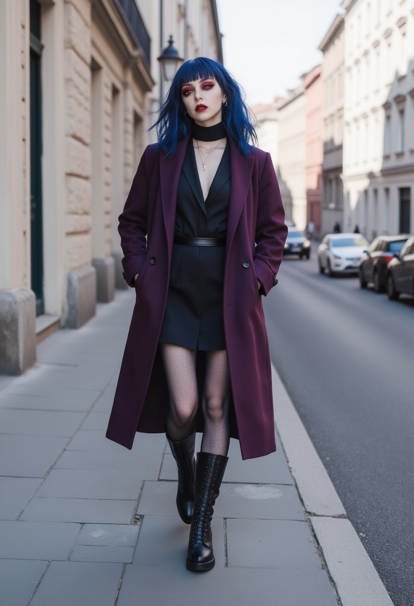 FictionalCamilla, navy blue hair, red eyeshadow, grey eyes.
In a large purple trenchcoat with fishnet stockings and large combat boots. Walking down an urban street. view from the front